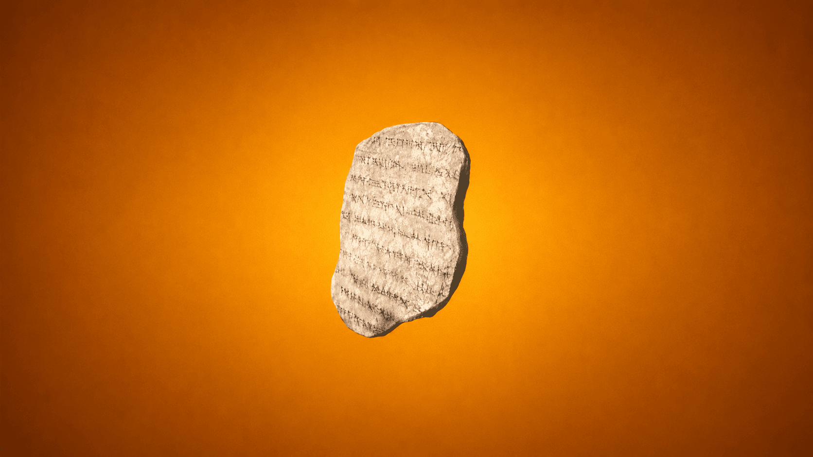 A cuneiform clay tablet — one of humanity's earliest writing systems — on an orange background.